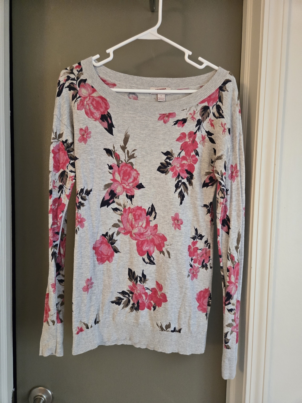 Gray Floral Long Sleeve Top with Pink Roses